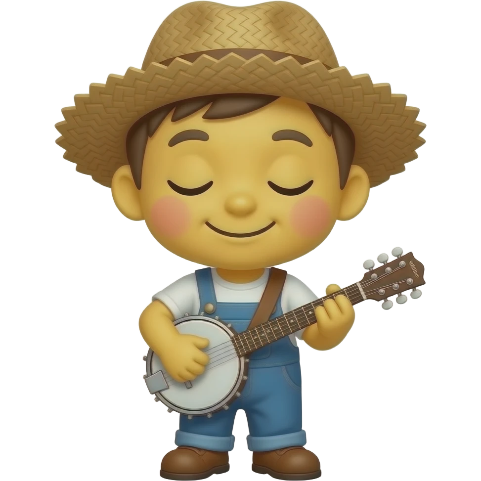 Little mini yellow emoji smiling, mouth closed, wearing straw hat playing banjo, top view, wearing coveralls, eyes closed emoji