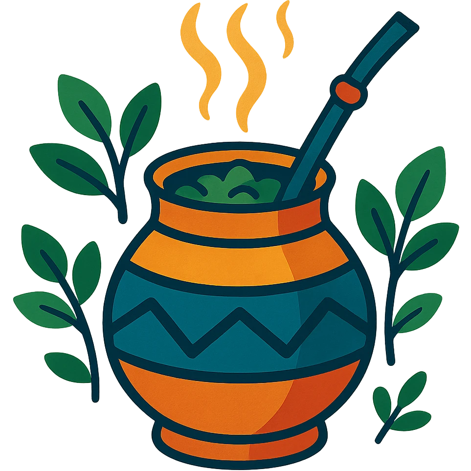 a steaming cup of yerba mate, leafy details, cozy and inviting emoji
