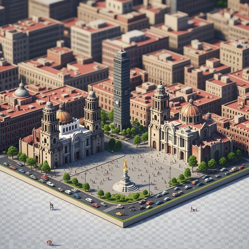 Isometric miniature of Mexico City Zócalo square with Metropolitan Cathedral, Palacio de Bellas Artes, Torre Latinoamericana, Chapultepec Castle, and Angel of Independence, atmosphere of the city 3D miniature effect and Tilt Shift effect, no cartoonish look, transparent background. emoji