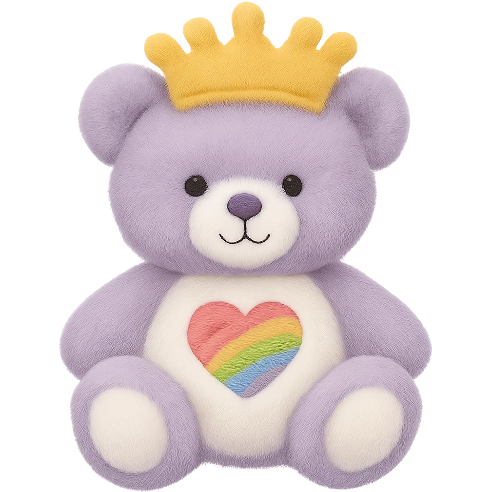 Add a soft and plush crown to the purple and white teddy bear with a heart-shaped rainbow patch. Keep the lighting flat with no shadows and no background. Maintain the plush texture and softness of the teddy bear in a style that respects the original look. emoji