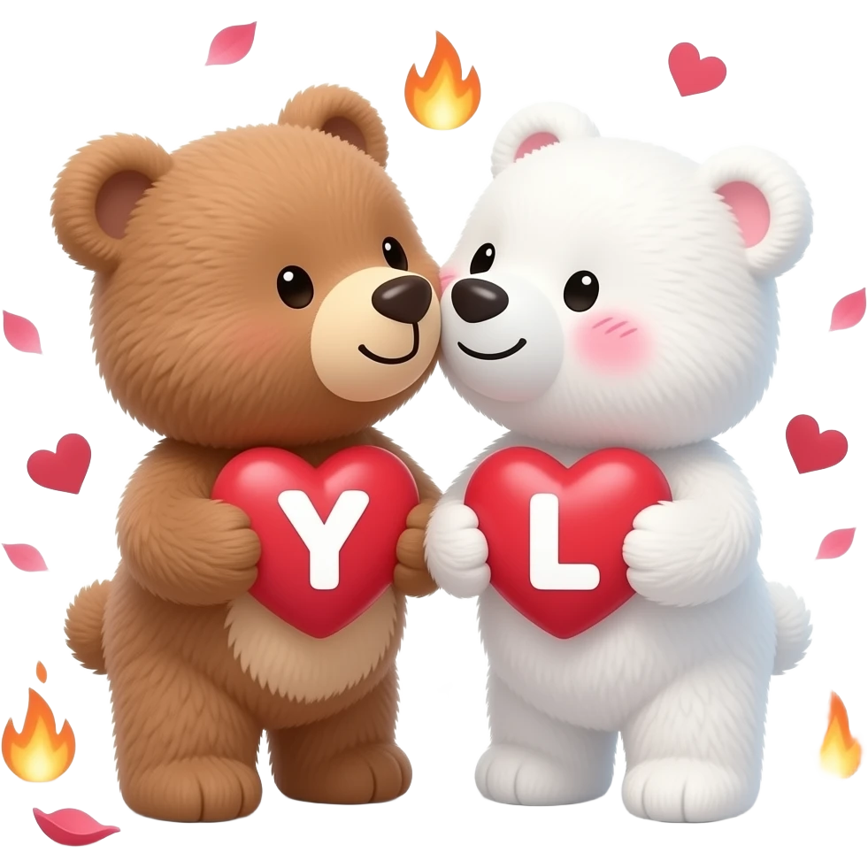 I want one light brown bear teddy kissing on cheek white bear teddy both holding heart , both a little furry, the  white bear blushes and smiles , add letter Y to the heart of the brown bear and letter L to the heart of the white bear , rose petals falling from sky , hearts on fire passion emoji