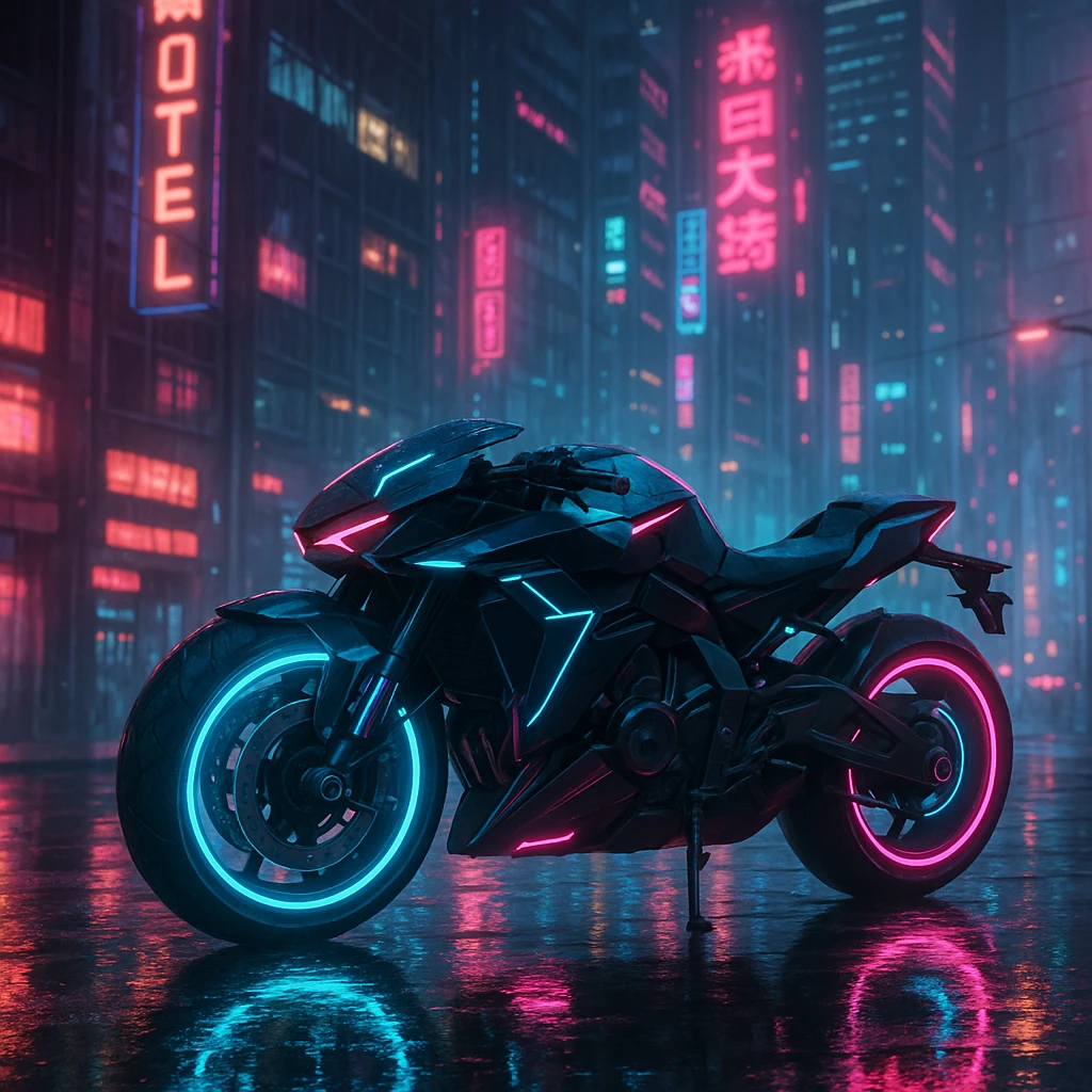 cyberpunk 2077 style motorcycle, glowing wheels, futuristic design, city background, neon accents emoji