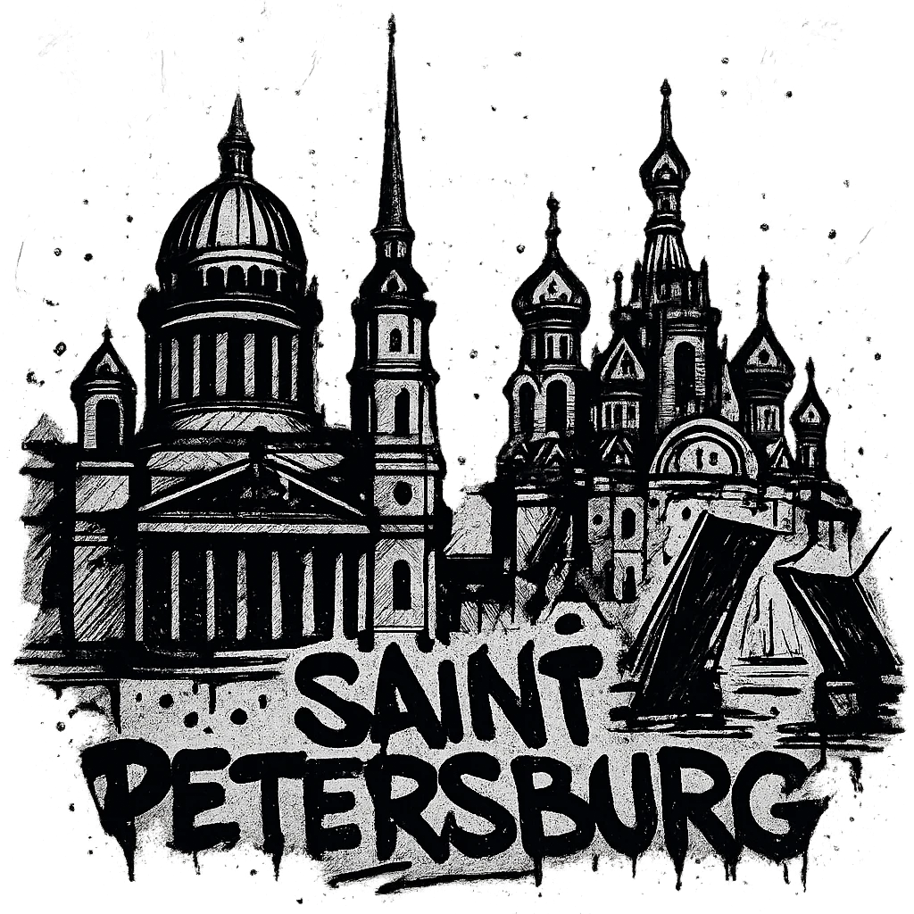 Сделай png рисунок Санкт-Петербурга в стиле граффити. Граффити черно-белое. emoji