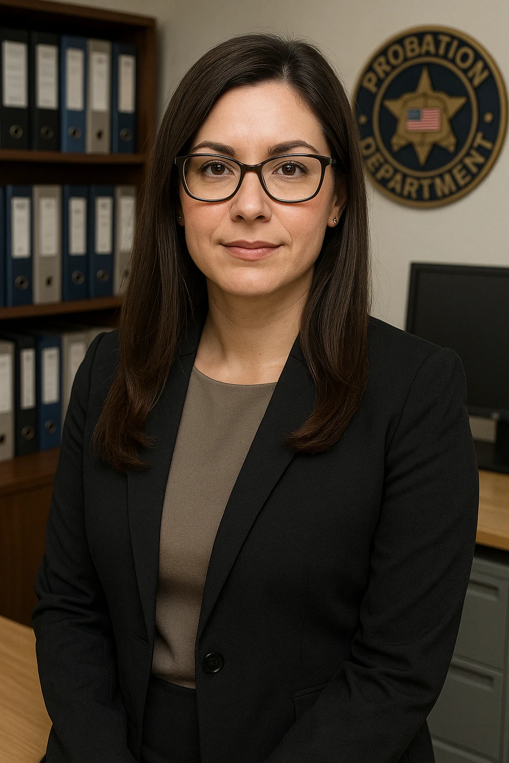 female probation department administrative services manager, long brown hair, brown eyes, dark framed glasses, professional attire, office setting, upper body portrait emoji