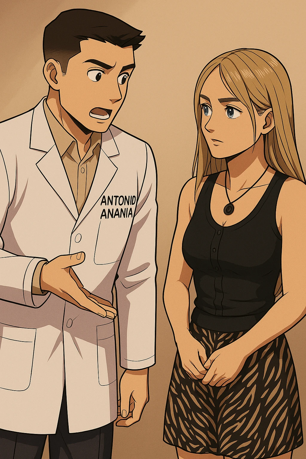 fai un webtoon/manga a colori con questo kinesiologo in camice bianco (fagli la scritta "ANTONIO ANANIA" SUL CAMICE) CHE PARLA CON QUESTA RAGAZZA CON GLI OCCHI AZZURRI. la ragazza gli fa una domanda e IL KINESIOLOGO CON IL CAMICE BIANCO LE risponde. NON FARE I FUMETTI, FAI SOLO LORO COME SE DIALOGASSERO emoji