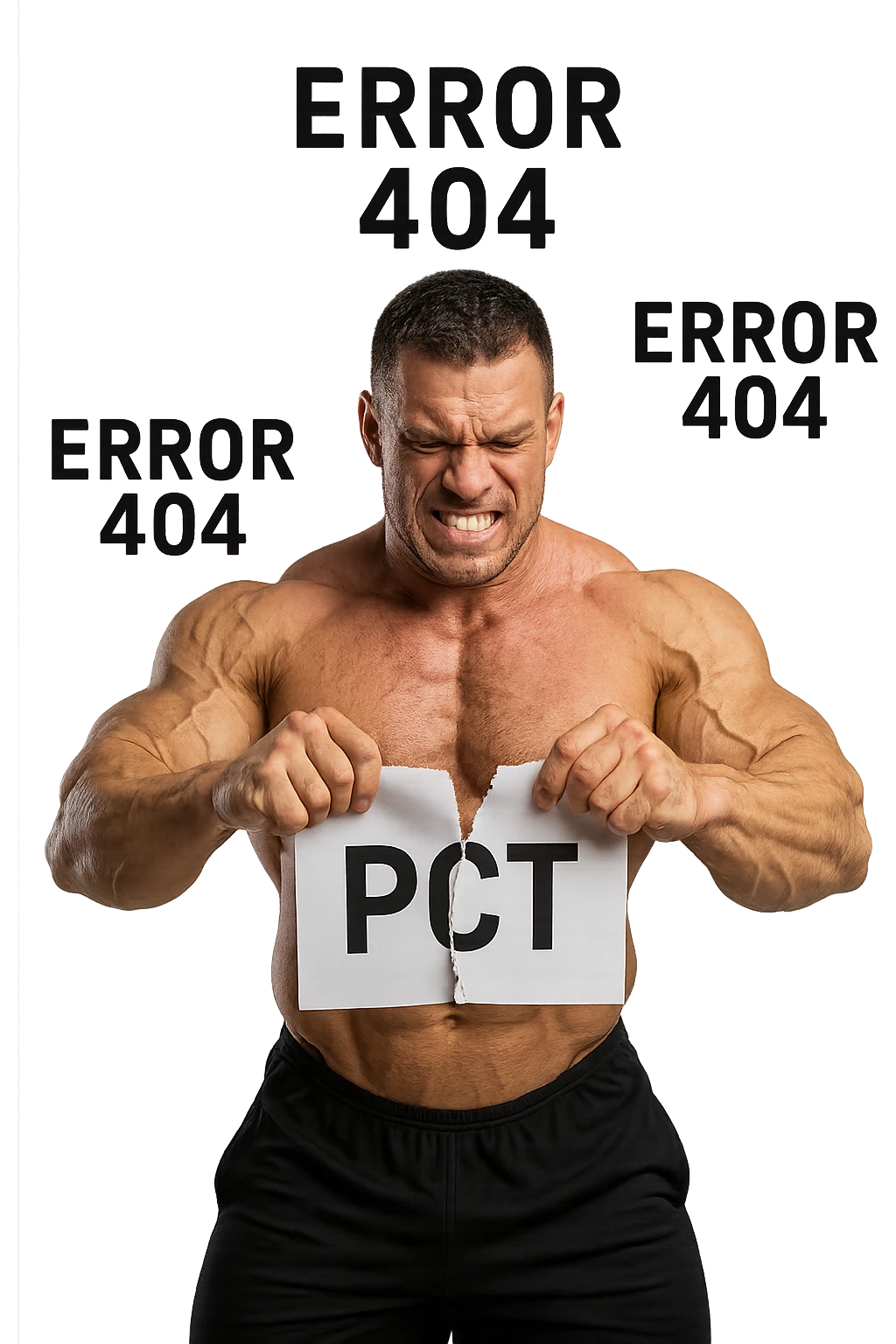 bodybuilder che strappa un foglio con la scritta "PCT" INTORNO A LUI FLUTTUANO LE PAROLE "ERROR 404" emoji