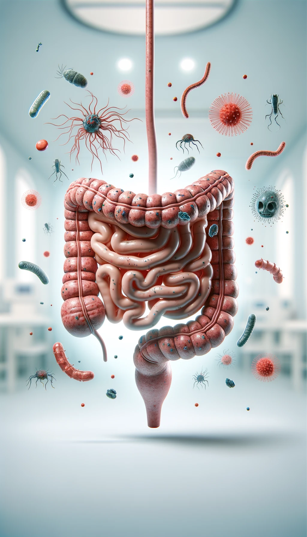 intestino umano anatomico con batteri e parassiti che gli fluttuano dietro, sfondo chiaro emoji
