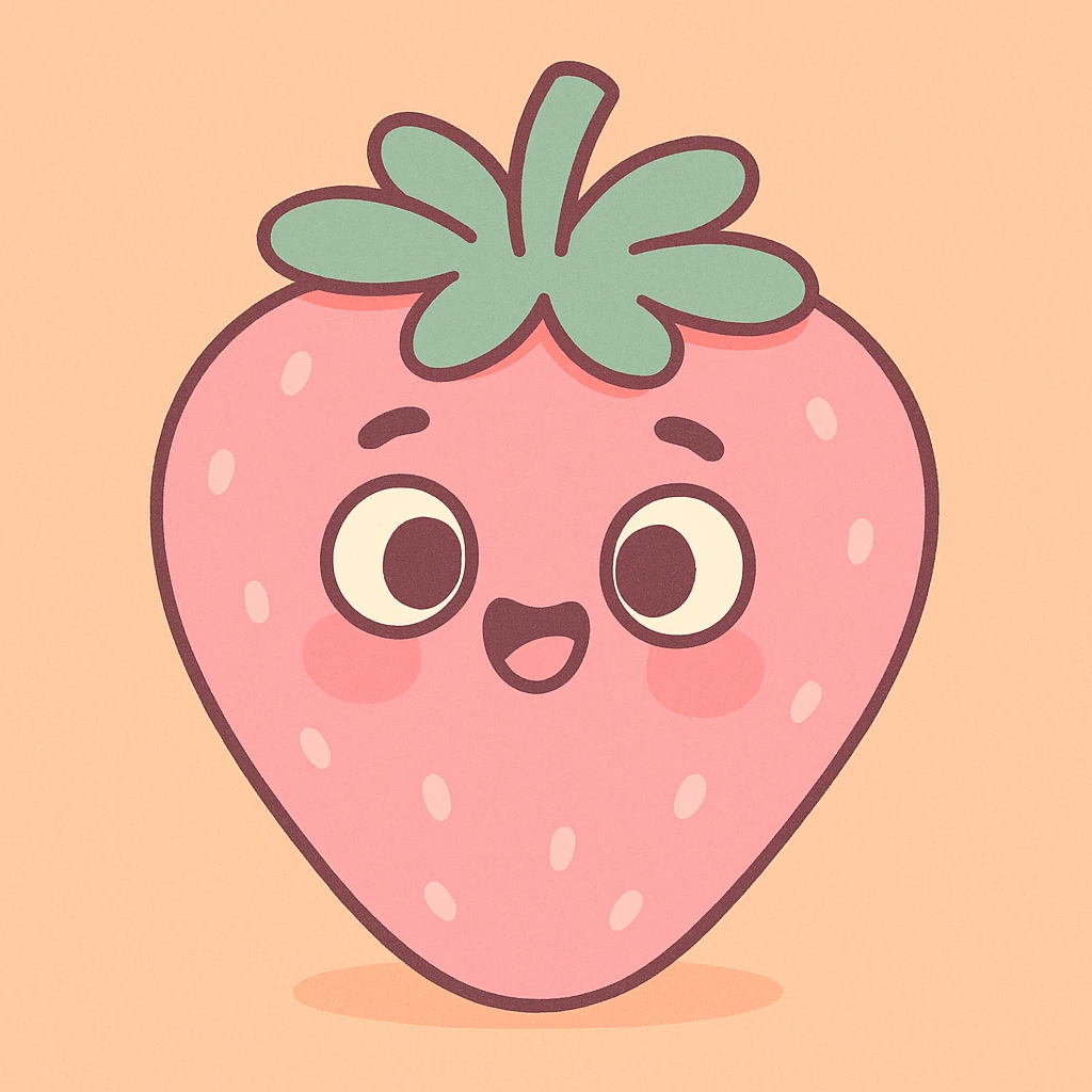 pink strawberry with a cute face, soft colors and friendly expression, pastel toon style emoji