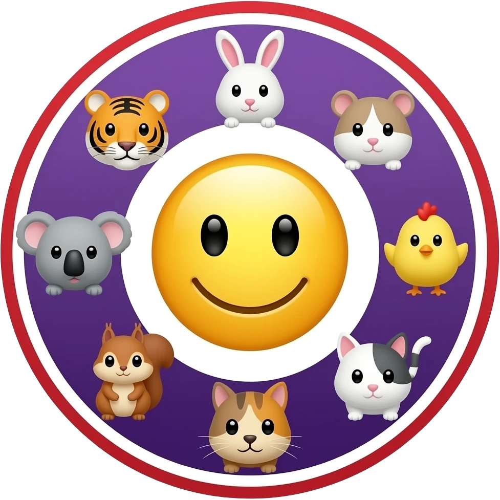 emoji yellow smiley in the center serounded in circle  🐯🐰🐹🐨🐥🐿 🐈 purple and white background with red and white circle line emoji