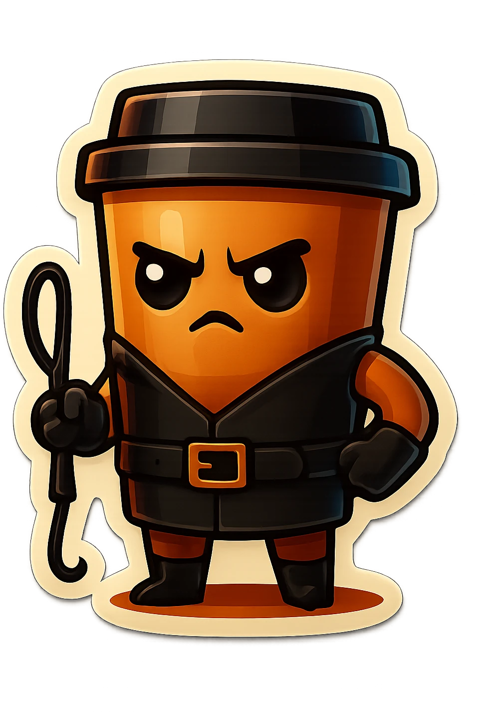 Tall coffee cup, dressed in leather holding a whipping crop, serious expression emoji