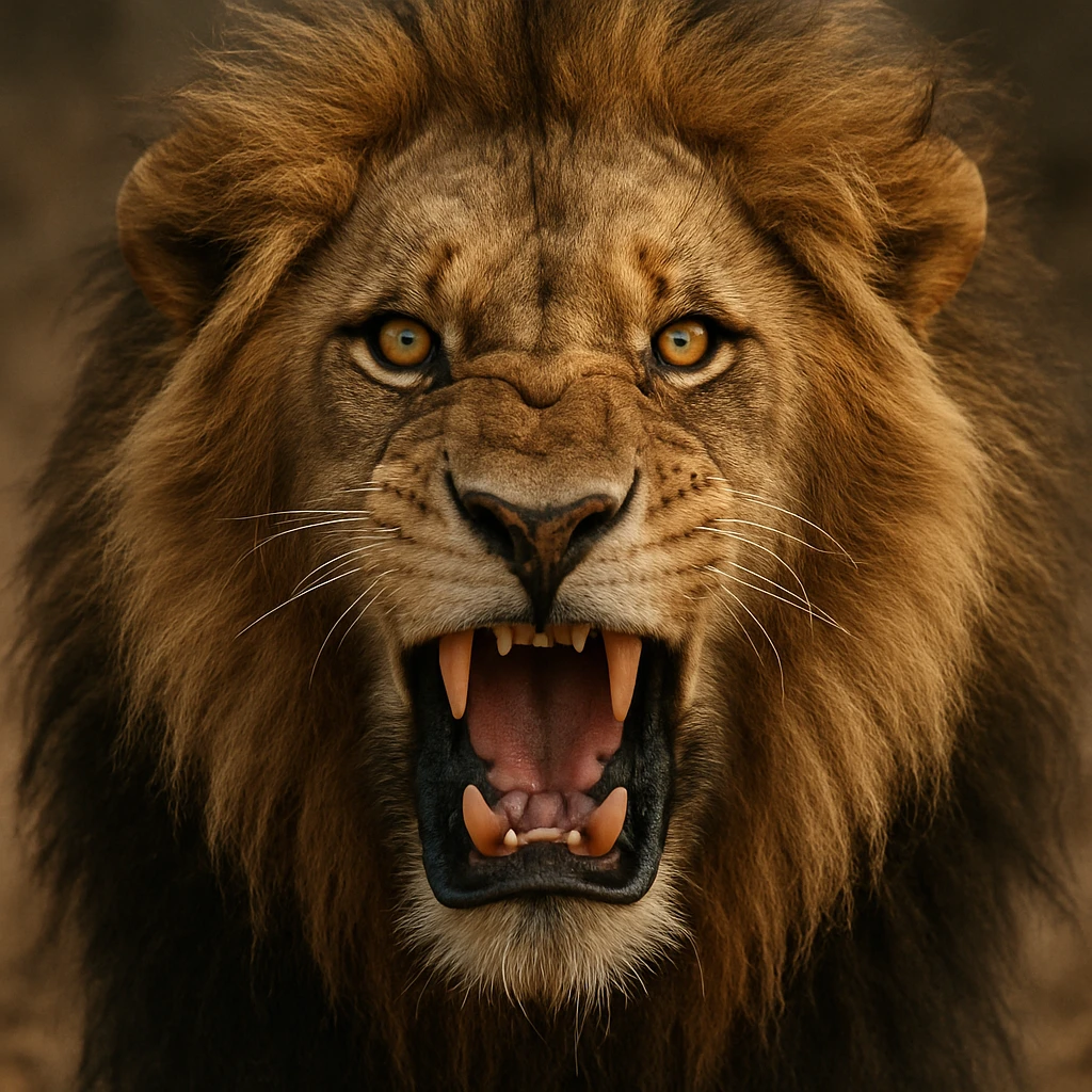 a big, fierce male lion, roaring, realistic, close-up portrait, intense eyes emoji