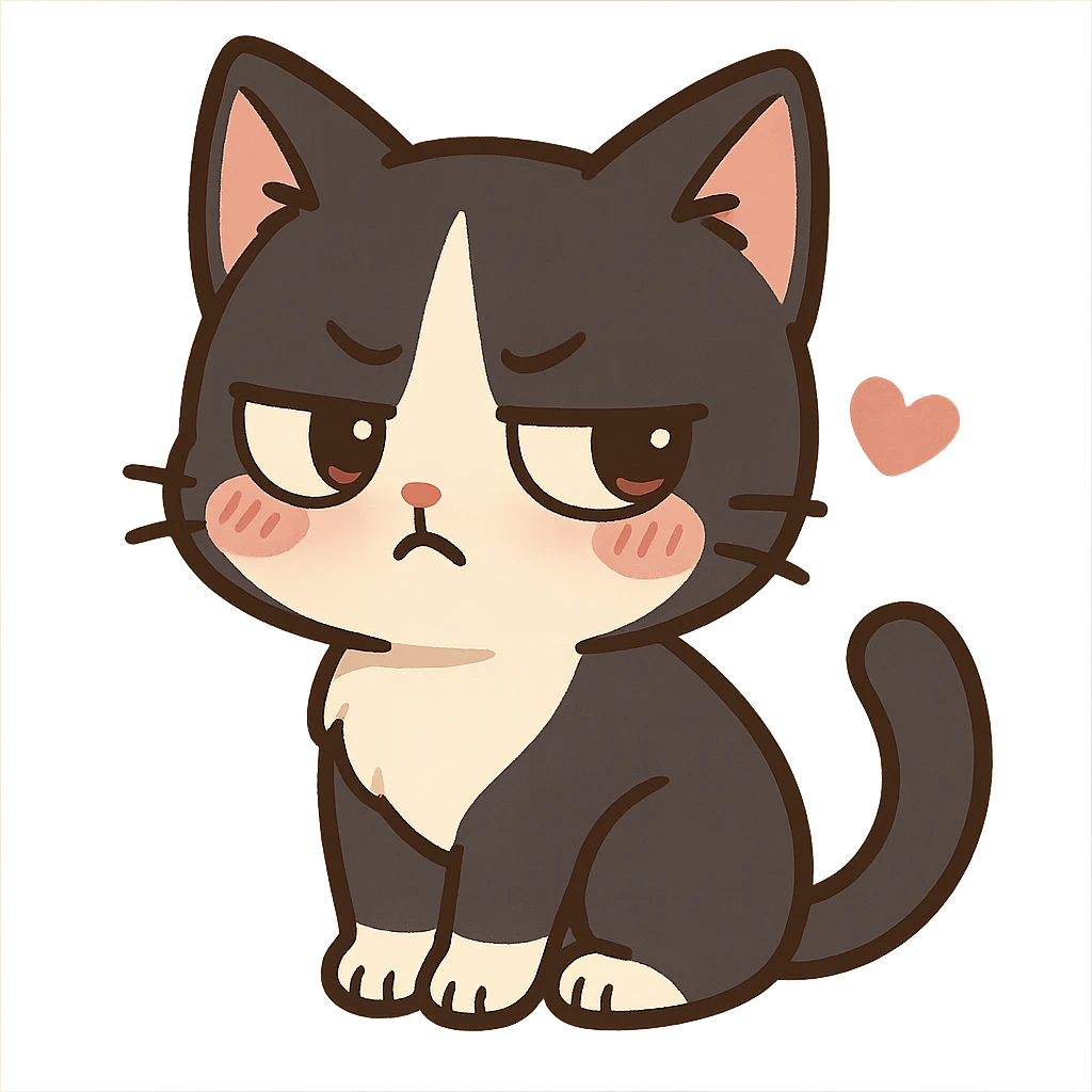 Make a cow cat into a cat in a tuxedo, with black and white fur and a tsundere, cute expression. Keep it in a playful chibi sticker style with no background. emoji