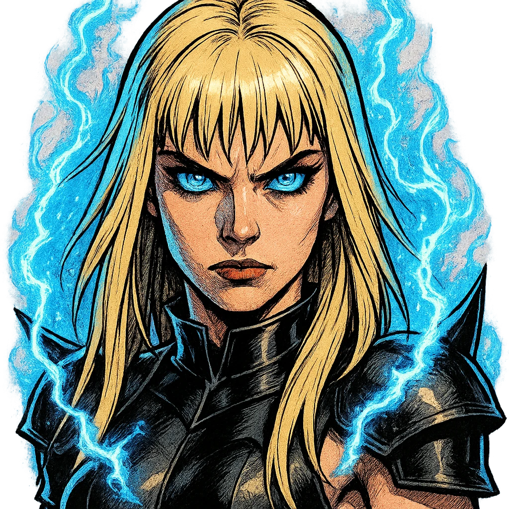 Magik from Marvel, close-up portrait, intense blue eyes, magical aura, comic book style, detailed emoji