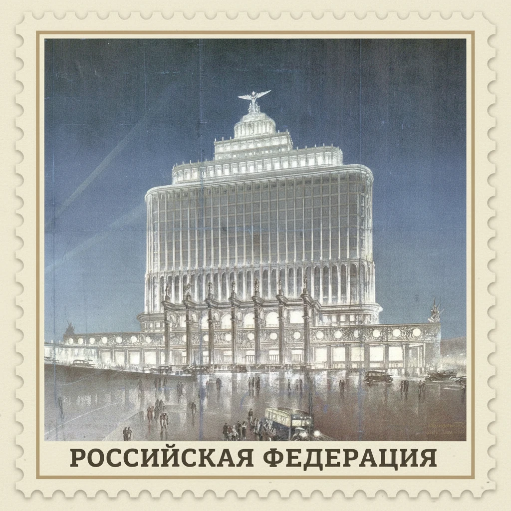 Стилизуй изображение здания под марку как на первом фото

100 из правого верхнего угла убери и герб СССР из левого верхнего угла убери emoji