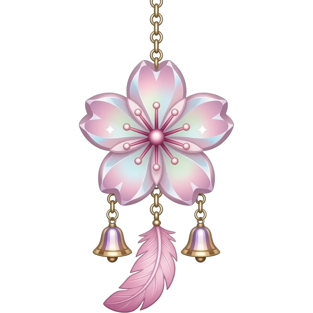Hanging Iridescent pastel pink sakura crystals white-pearly suncatcher dreamcatcher with bells and feathery ornament emoji