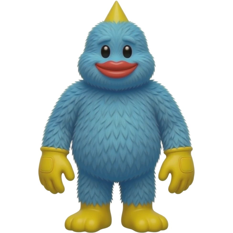 10 foot tall blue furry figure with upside down triangle head and yellow mitten-ish hands and same for the feet and red smiling lips with mouth closed emoji