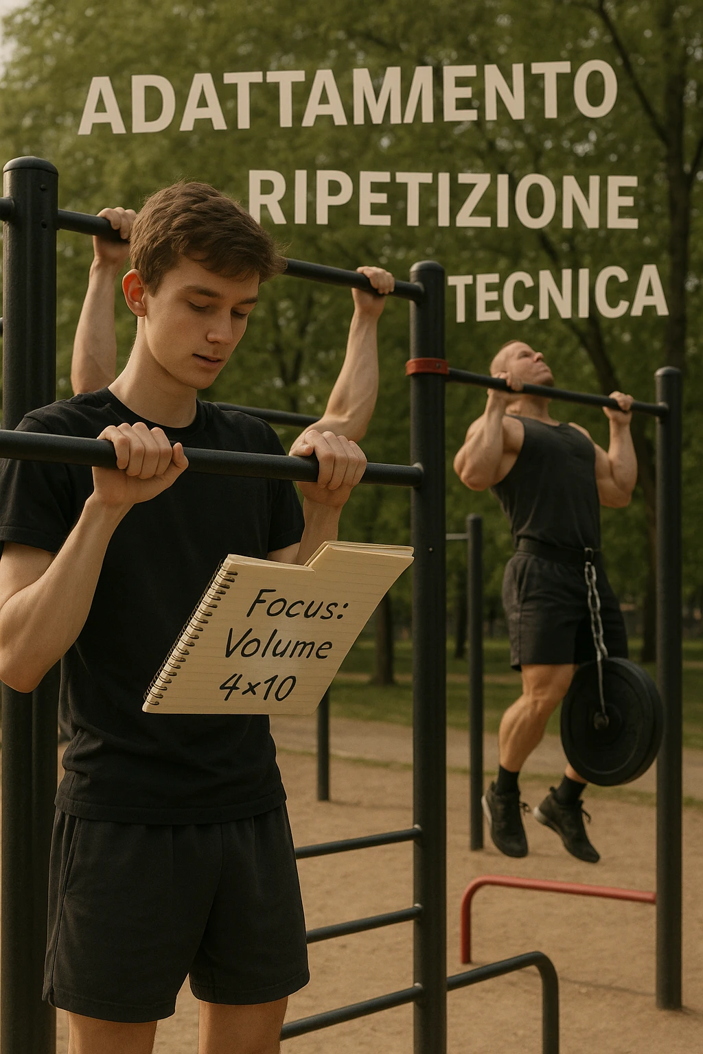 Giovane atleta principiante, fisico asciutto ma non muscoloso, si allena in uno street park con sbarra e parallele. Sta eseguendo serie lunghe di trazioni a corpo libero, concentrato sulla tecnica e sul controllo. Vicino a lui si vede un block notes con scritto a penna 'Focus: Volume, 4x10', mentre in lontananza un altro atleta molto più grosso fa una singola ripetizione con zavorra pesante. Il neofita guarda il suo diario, non gli altri. L’ambiente è sereno, luce naturale, atmosfera di crescita e disciplina. Sullo sfondo si intravedono i concetti scritti in aria con stile metaforico: 'Adattamento', 'Ripetizione', 'Tecnica', fluttuanti accanto a lui emoji