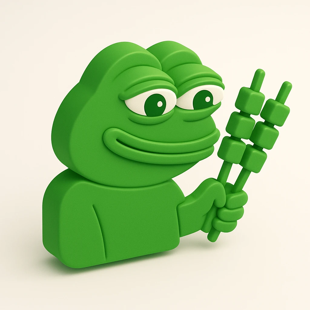 Pepe the Frog in 3D green style holding skewers (shashliks) instead of a bottle, on a white background emoji