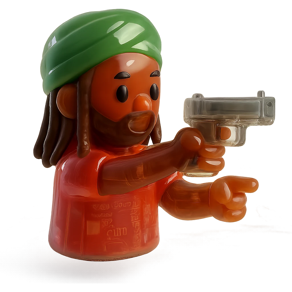 Brownskin man with long brown dreadlocks 
red t-shirt 
green turban 
expression is pointing a a glock emoji