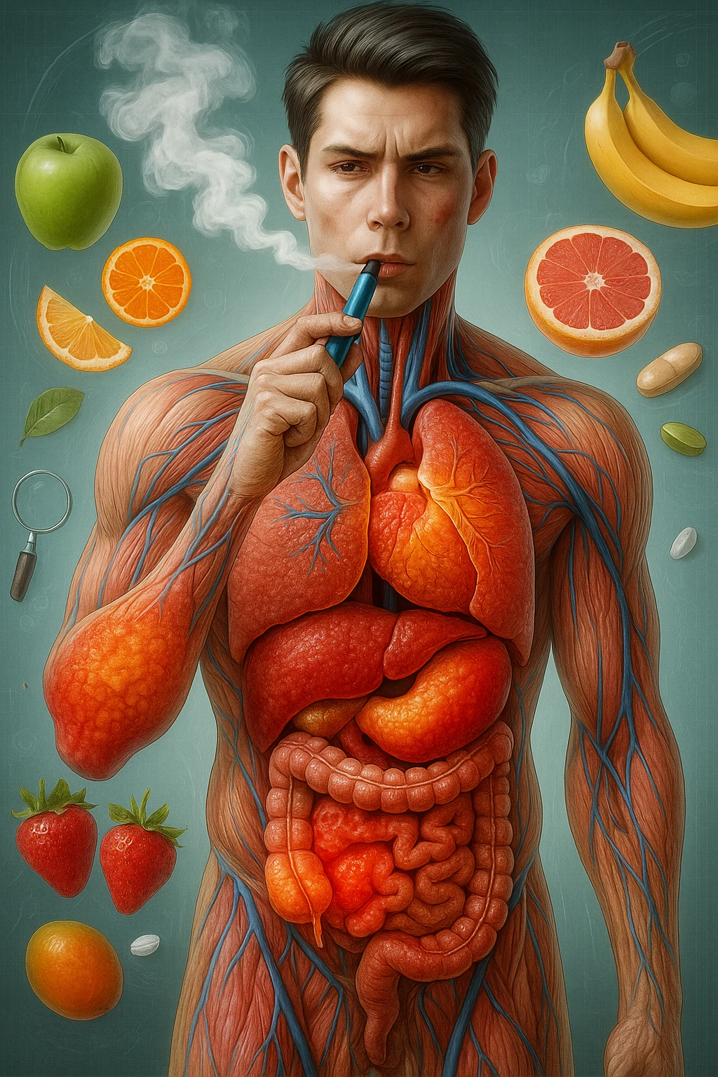 A medical illustration of a realistic human body with inflamed liver and intestine in evidence, while smoking an electronic cigarette, hyperrealistic, identical style to the reference image, vertical 9:16 format. emoji