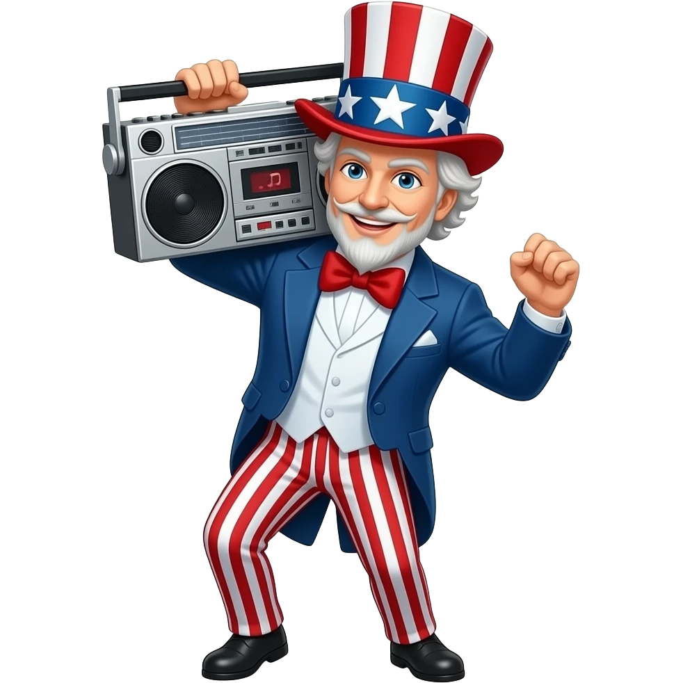 Uncle Sam with a boombox on his shoulders jamming to rap emoji