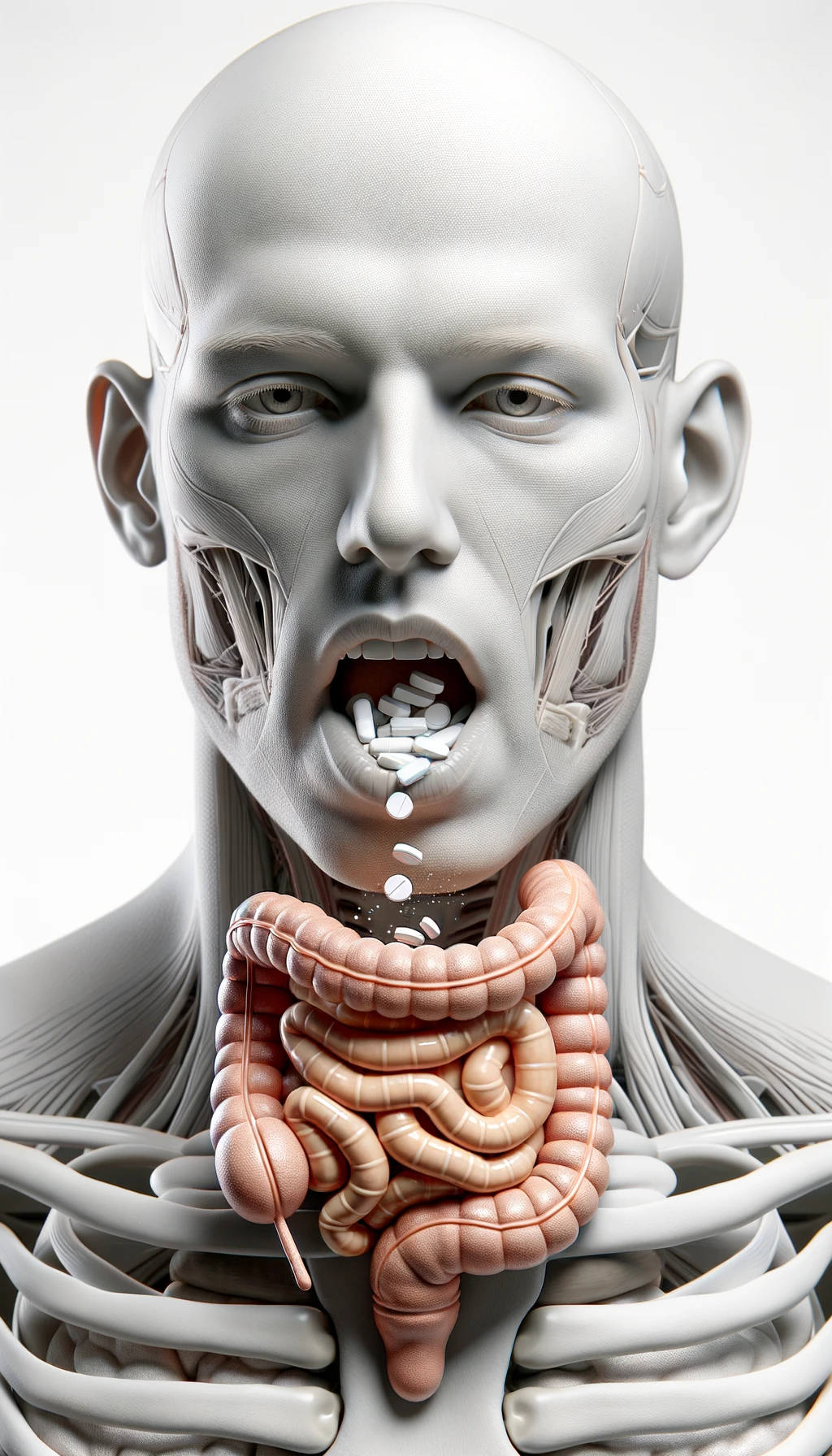 corpo umano anatomico con intestino in evidenza che ingoia pillole con espressione neutra in volto, iperrealistico 4k, isolato su sfondo bianco emoji
