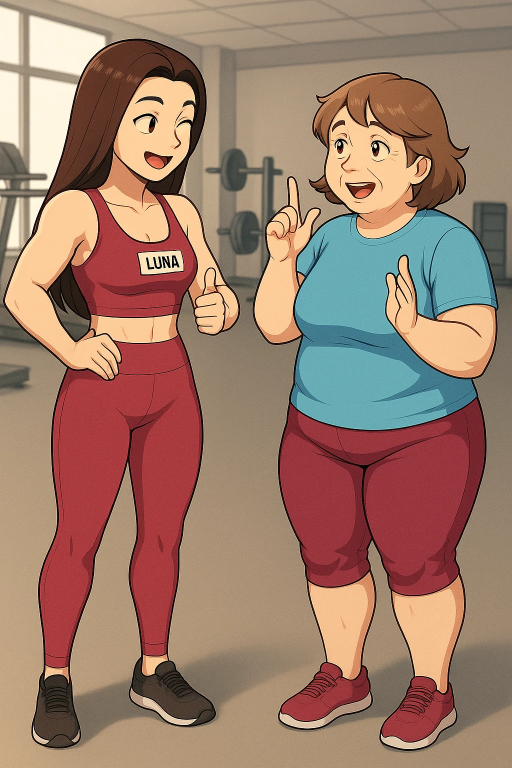 prendi spunto da queste immagini per fare: fai un webtoon/manga a colori con questa personal trainer (falle la scritta "LUNA" SU UNA TARGHETTA APPOSTA SUL TOP SPORTIVO CHE HA), che parla IN PALESTRA con una sua cliente che ha cellulite ed è leggermente in sovrappeso. LA SIGNORA è IN ABITI SPORTIVI E FA UNA DOMANDA A LUNA CON ESPRESSIONE SBALORDITA IN POSITIVO. LUNA ANNUISCE INTUSIASTA. NON FARE I FUMETTI, FAI SOLO LORO COME SE DIALOGASSERO. FAI LE DUE FIGURE A FIGURA INTERA CON IL CORPO INTERAMENTE VISIBILE emoji