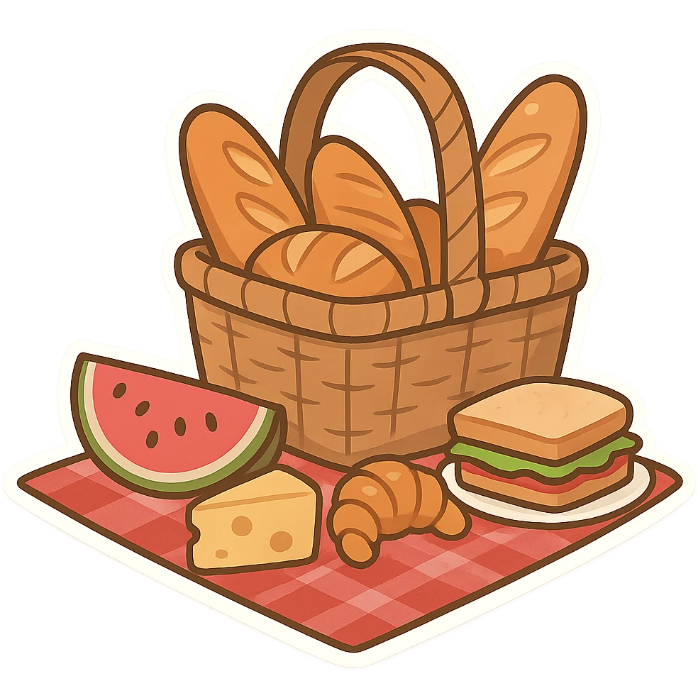 一些野餐的食物，一个餐篮子，里面放着许多面包 emoji