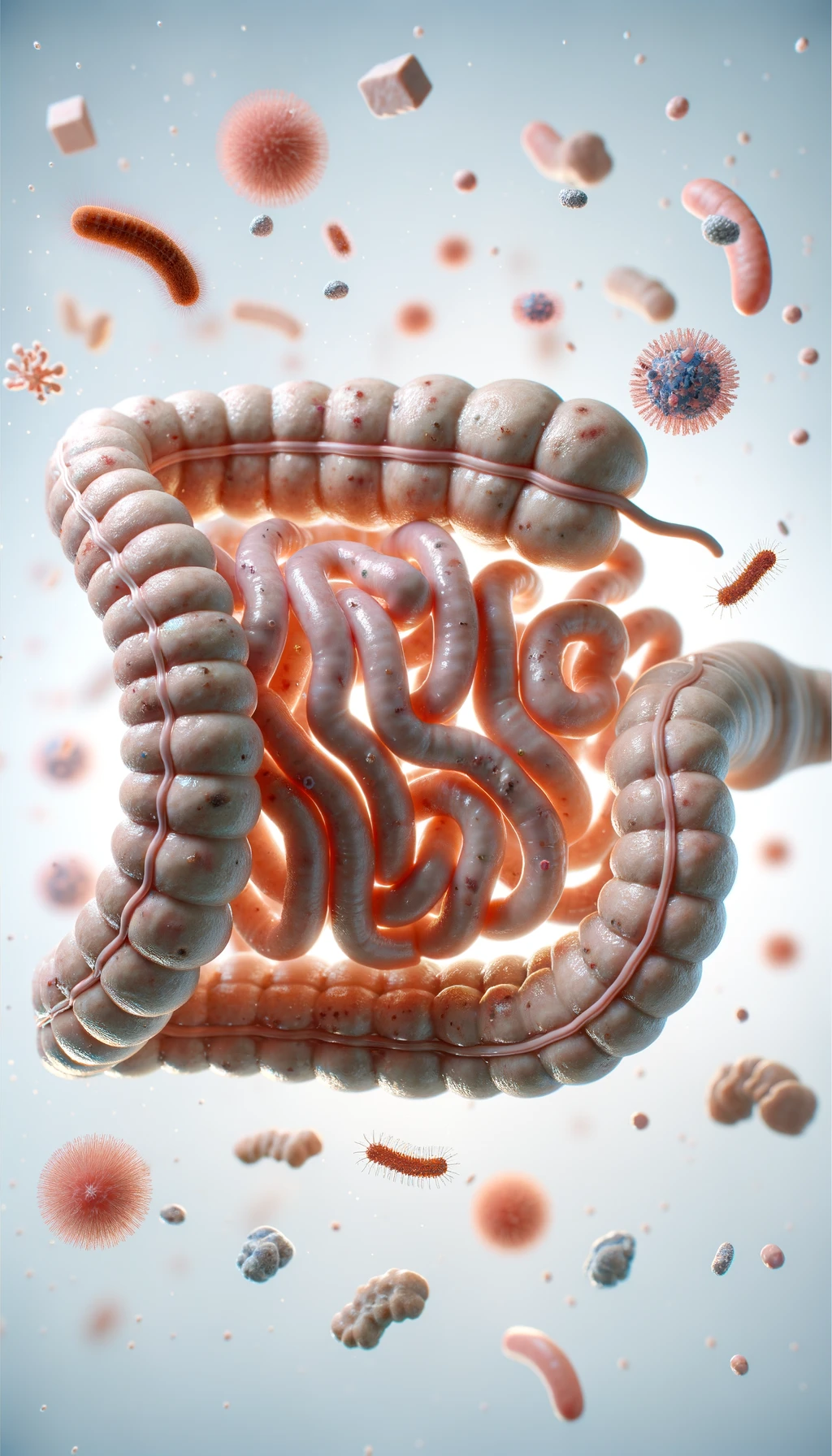 intestino umano realistico con batteri e parassiti che gli fluttuano intorno, sfondo chiaro, iperrealistico 4k emoji