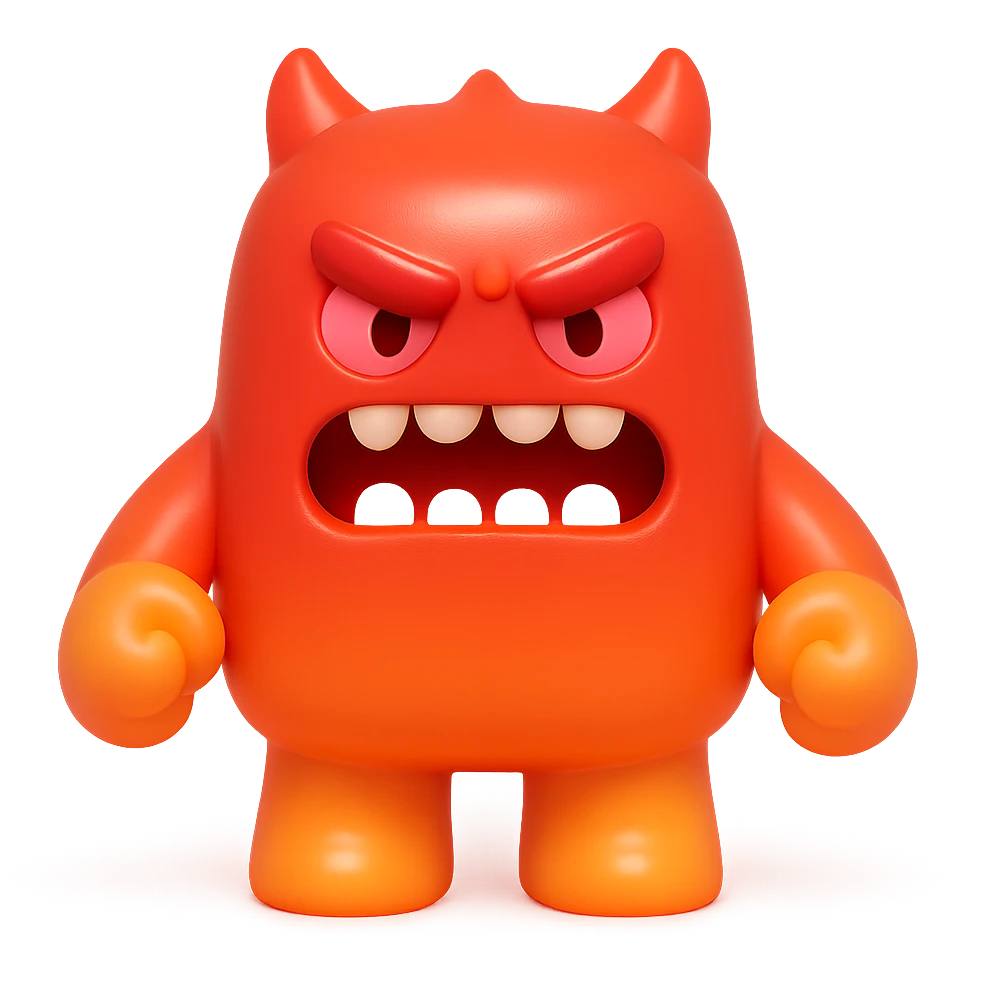 angry monster with furrowed brow, bared teeth, clenched fists, bright red and orange colors, toy-like emoji