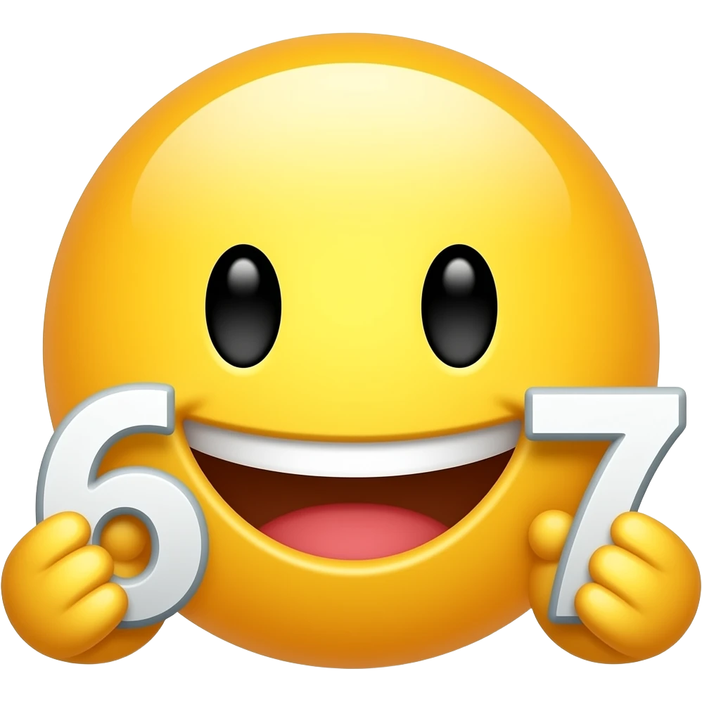 The classic yellow drunk emoji with a grinning face has two hands in front of it, with the number 6 in one hand and the number 7 in the other. The numbers are also the classic emoji numbers. emoji