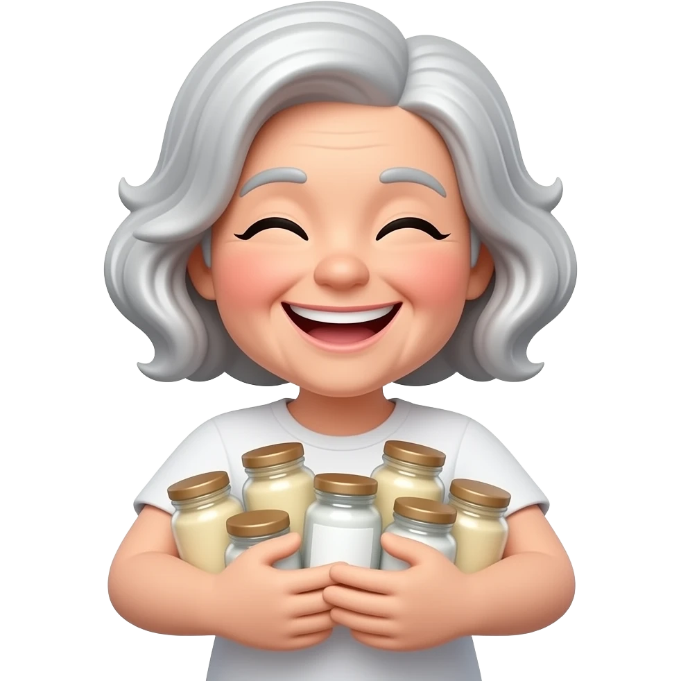 3D Memoji, 60s woman, silver wavy bob, white t-shirt, beaming smile, hugging many cream jars, happy, white background emoji