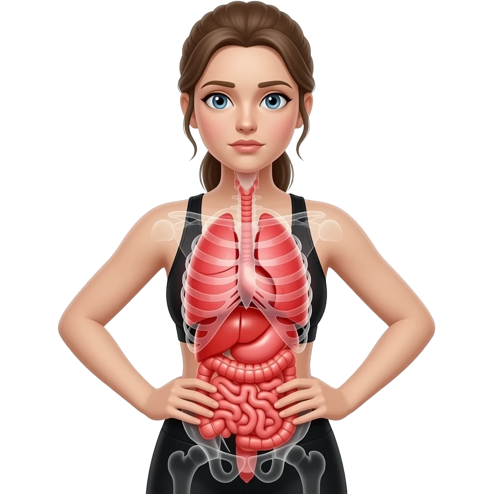 breathing discomfort, anatomical highlight of the lungs, rib cage, and diaphragm, full red glow over chest and ribs, woman with hands on ribs, fair-skinned woman, gray-blue eyes, ash brown brows, ash light brown hair tied back, slim athletic body, black workout set emoji