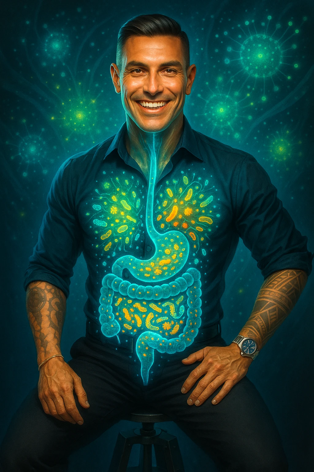 Radiant man with transparent digestive system showing diverse, thriving gut bacteria colonies in perfect balance, beneficial microorganisms glowing like constellation patterns throughout intestines, expression of optimal health and vitality, digestive tract functioning as harmonious ecosystem, immune system strengthened by microbial diversity, energy levels at peak performance emoji