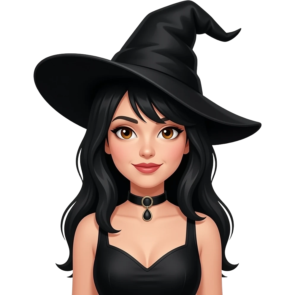 hot witch with black neck choker and pointy black hat and black dress with black hair with brown eyes emoji