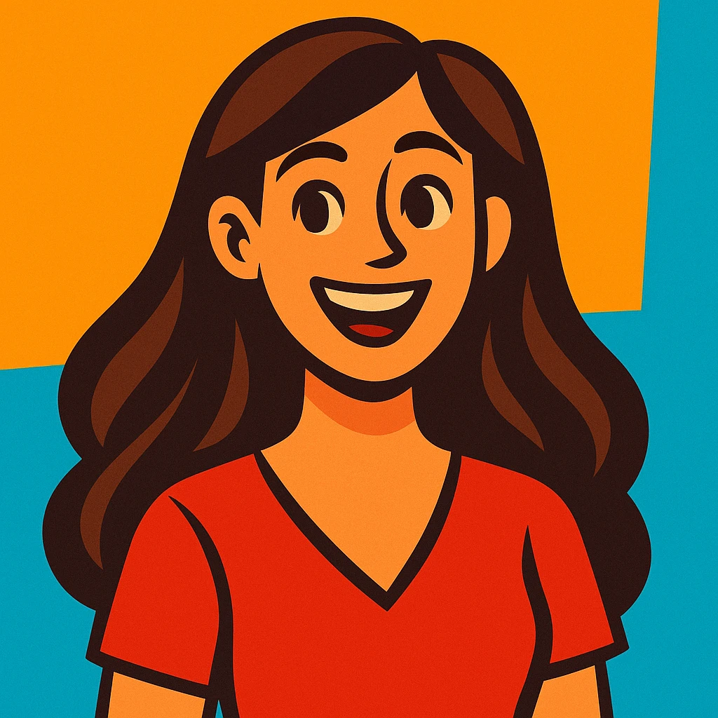 a woman with long chocolate brown hair wearing a red v-neck top, vibrant cartoon style emoji