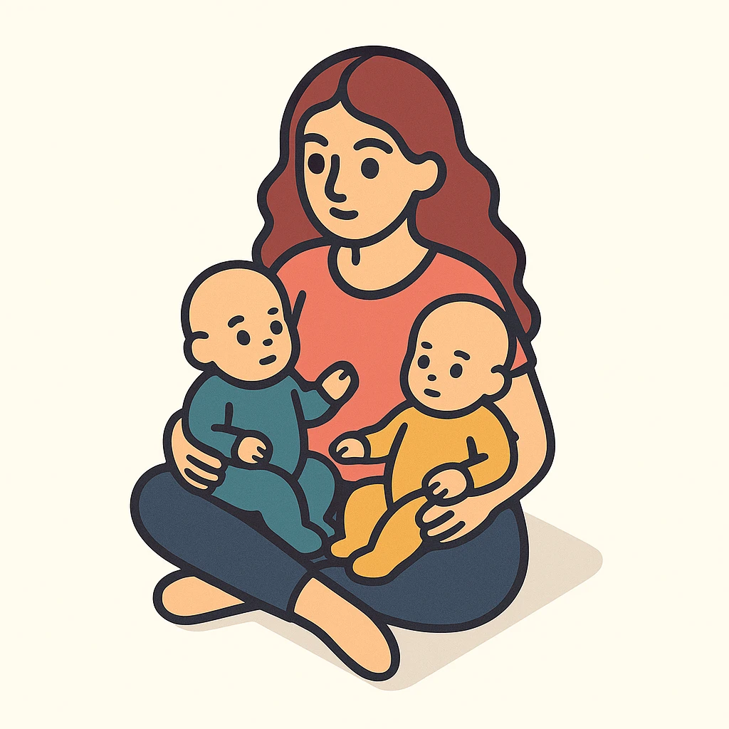 A woman with long wavy hair, large expressive eyes and lips, sitting cross-legged with two babies on her lap, with soft shadows and highlights, in 2D isometric illustration style, inspired by the reference image. emoji