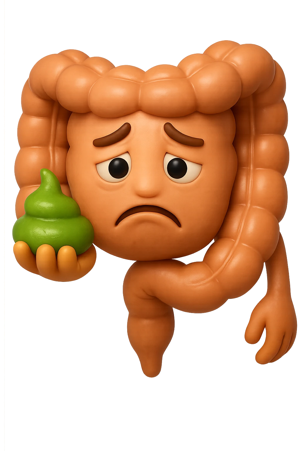 emoji stile iphone 3d di un intestino con espressione triste con cacca verde e liquida in mano, iperrealistiche 4k emoji