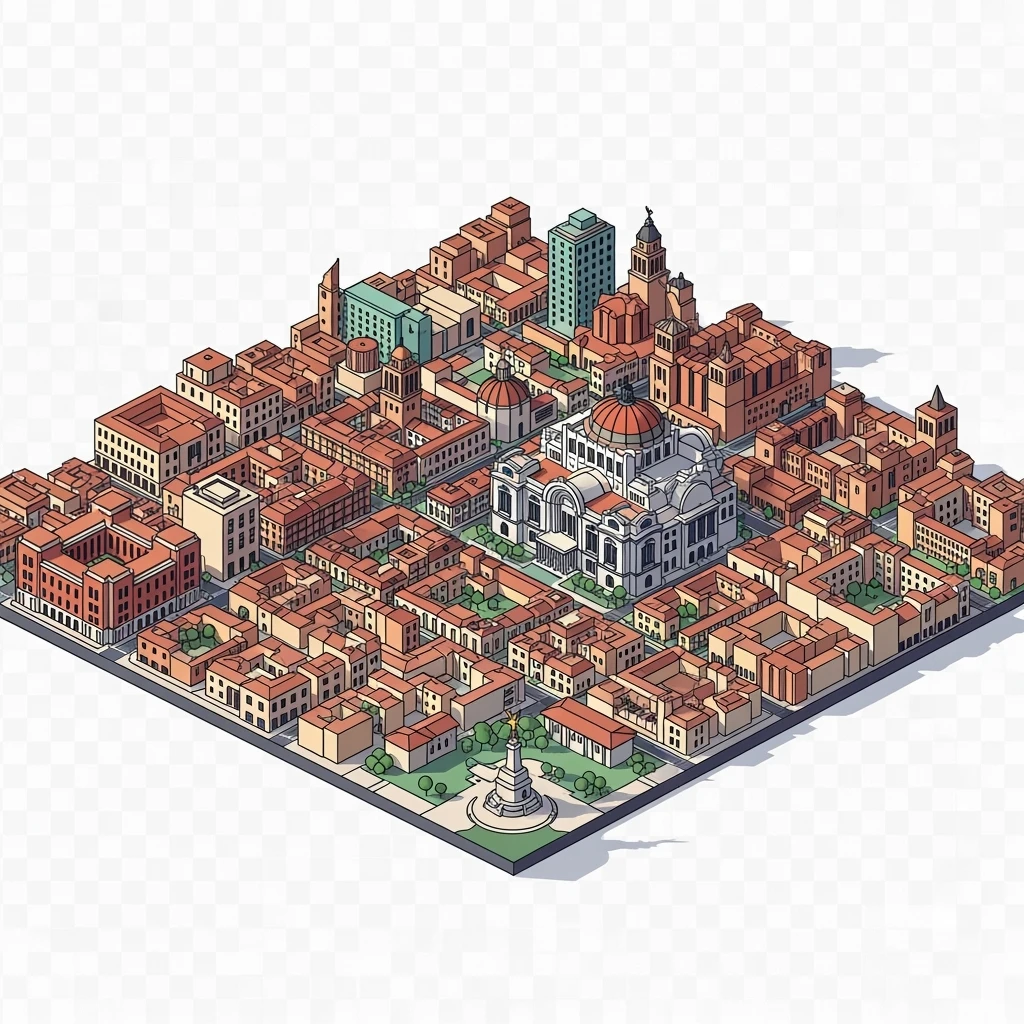 Isometric minimalistic illustration of Mexico-city subtle 3D miniature effect and Tilt Shift effect, no cartoonish look, transparent background. emoji
