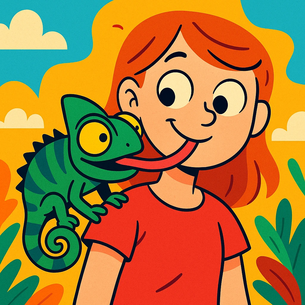 cartoon chameleon with large eyes and long tongue licking a girl's shoulder, humorous, bright colors emoji