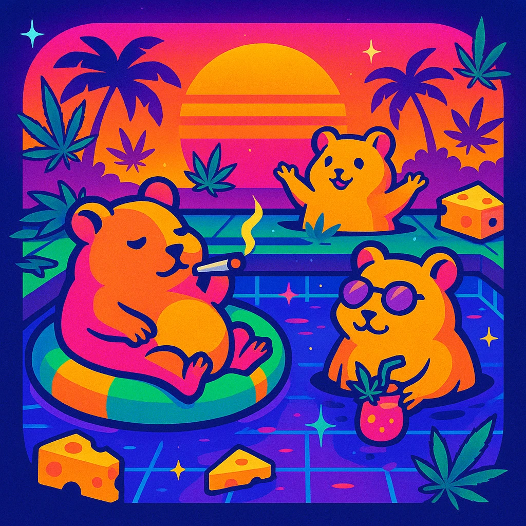 Discord server icon, square format, vibrant pool party at sunset with up to 3 hamsters, weed leaves, cheese, and THC theme, no disco ball, vaporwave style, bold neon colors, high contrast, dreamy gradients, sparkles, nostalgic, fun, inviting, summer party vibe, clear composition, less cutesy emoji