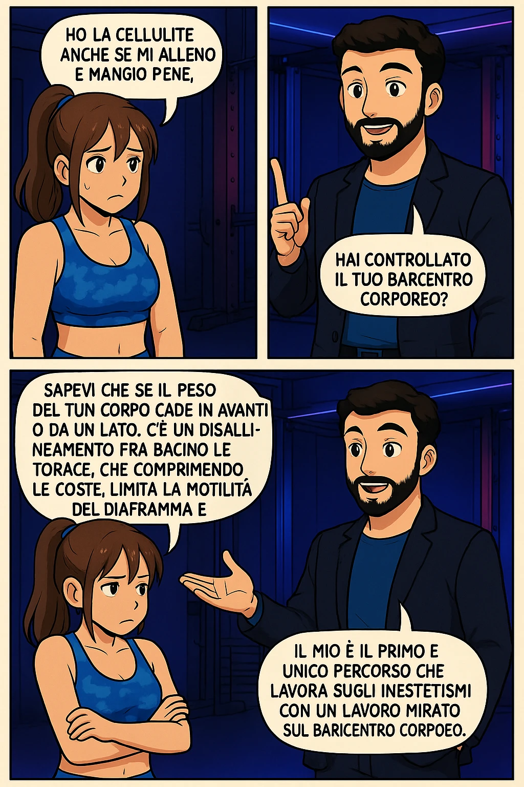 PRENDI SPUNTO DA QUESTO STILE FACENDO UN WEBTOON/MANGA:

LEI (DONNA): Ho la cellulite anche se mi alleno e mangio bene, cosa posso fare?

LUI (UOMO): Hai controllato il tuo baricentro corporeo?
LUI (UOMO): Sapevi che se il peso del tuo corpo cade in avanti o da un lato, c’è un disallineamento fra bacino e torace, che comprimendo le coste, limita la motilità del diaframma e l’ossigenazione dei tessuti?
LUI (UOMO): Il mio è il primo e unico percorso che lavora sugli inestetismi con un lavoro mirato sul baricentro corporeo. emoji