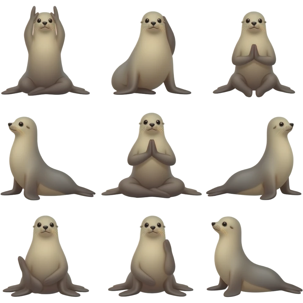 make a series of emojis, a seal doing different yoga poses, #E72470 use this as a main color emoji