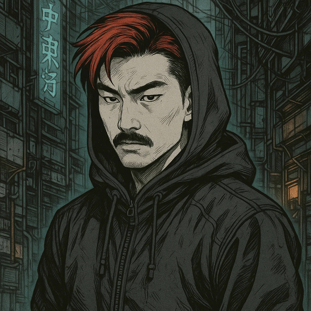 Asian man with black mustache, red hair, black hoodie, Japanese manga style inspired by Ghost in the Shell, cyberpunk atmosphere, detailed linework, monochrome with subtle color accents emoji