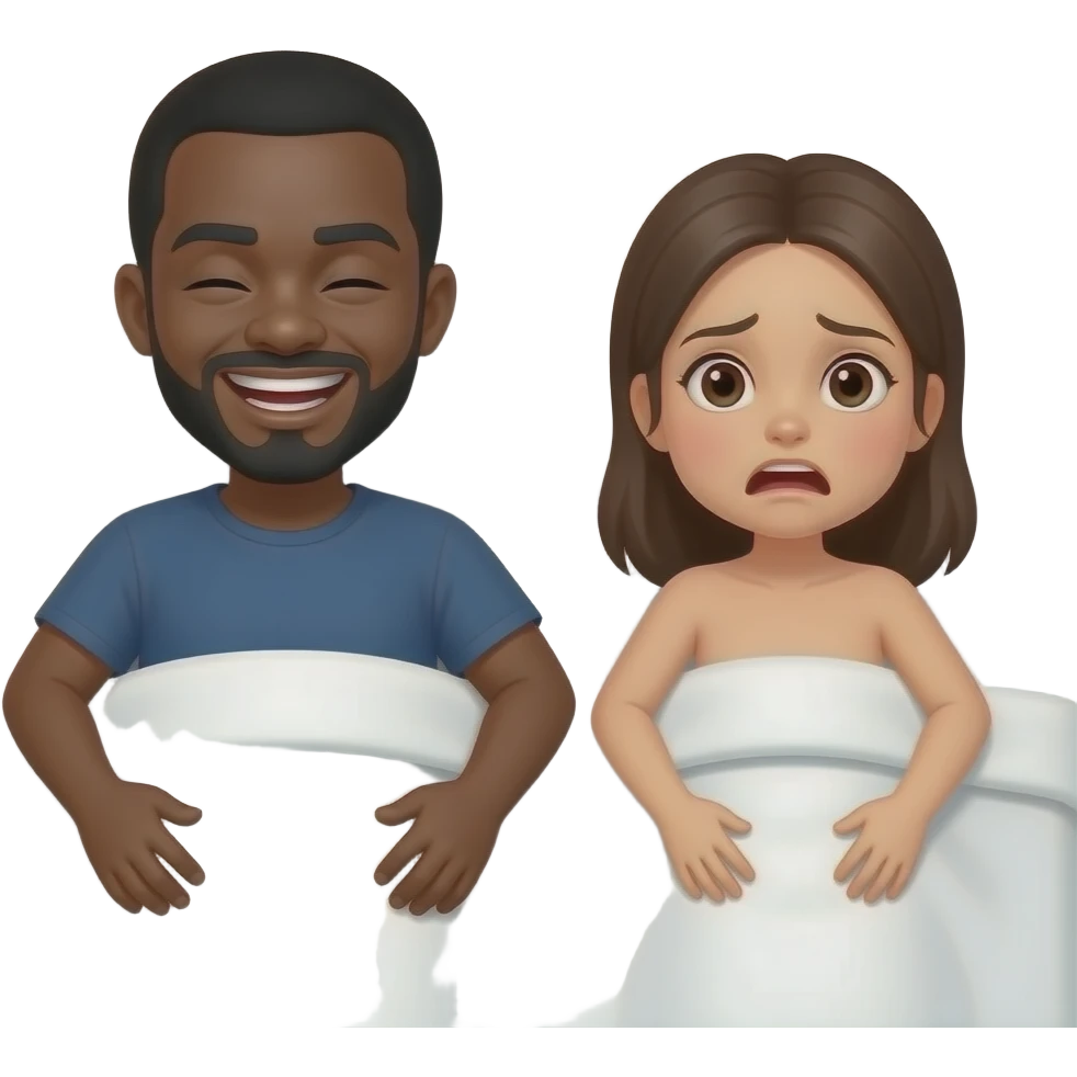 Black guy on a giant white bed with a girl no shirt up close scary laughing face for the black guy and girl is scared emoji