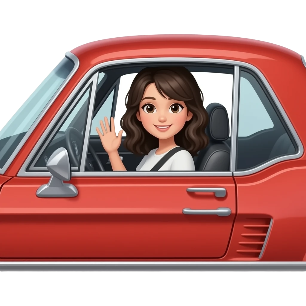 Pale girl with black wavy hair driving a red Ford Mustang 1968 coupe and waving through the window on the driving side. Car must be seen in full. emoji