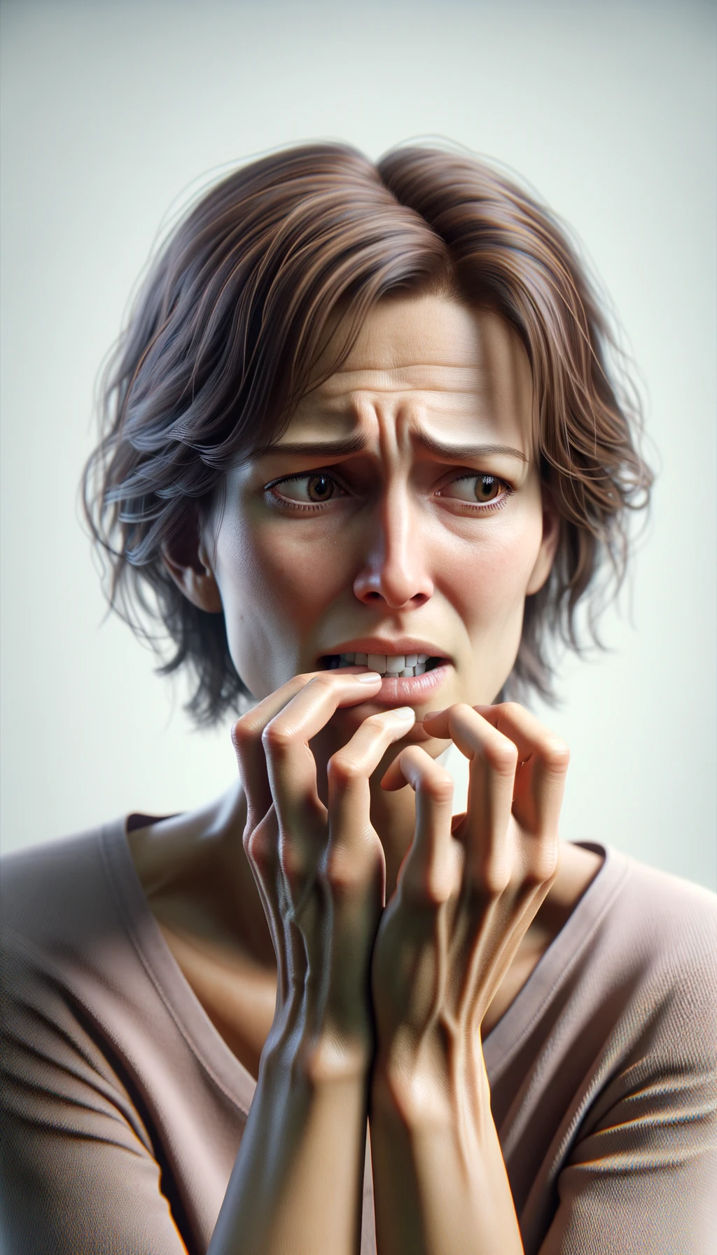 DONNA  che si mangia le unghie per il nervosismo, sfondo chiaro, iperrealistica 4k emoji