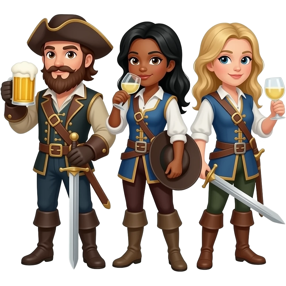 Three musketeers with swords and hats. One guy with brown hair, beard and brown eyes, one girl with black hair and tanned skin and one girl with blond hair. The guy is drinking beer and the girls white wine. emoji