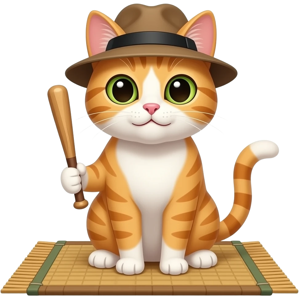 A cat with a hat and a bat on top of a mat emoji