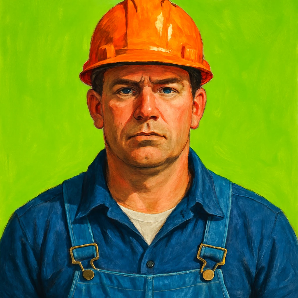 Стиль рисовки - чуть рисованный, насыщенные цвета. Сгенерируй американца-рабочего в каске на однотонном кислотно зелёном фоне. Пусть стоит перпендикулярно камере, смотрит прямо в неё. Ракурс по плечи emoji